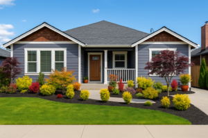 Front view of a beautifully landscaped single-family home with upgraded exterior and modern curb appeal