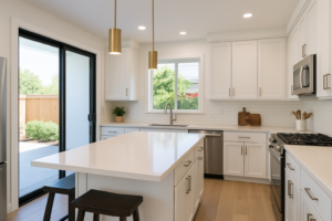 Modern kitchen with white cabinets and wood accents remodeled by Hybrid Renovations in Southern California